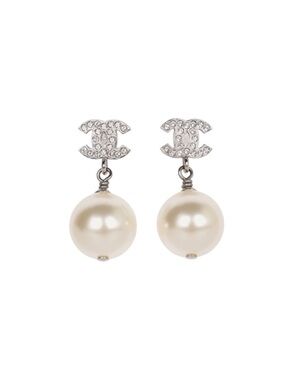 CHANEL Crystal CC Logo Drop Earrings with Cream Pearls